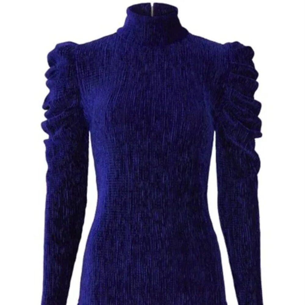 PatBO Deep Blue Velvet Mock-Neck Top with Ruched Sleeves